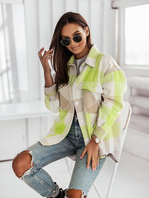 Color-Green-Autumn Winter Women Clothing Color Plaid Shirt Brushed Woolen Coat-Fancey Boutique