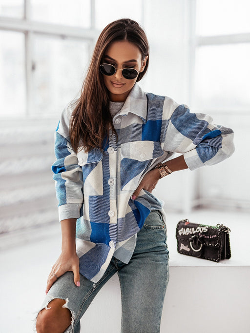 Color-royal blue-Autumn Winter Women Clothing Color Plaid Shirt Brushed Woolen Coat-Fancey Boutique