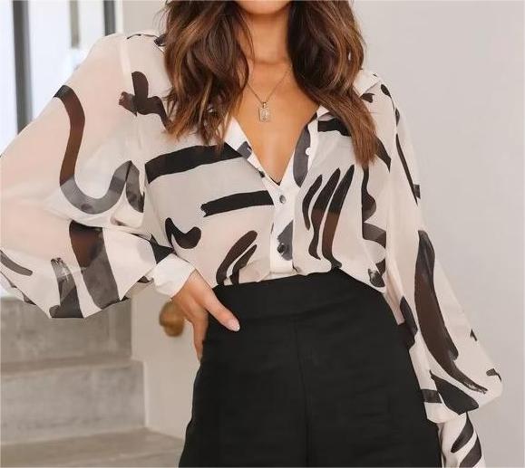 Color-Young Graffiti Printing Shirt Women Spring Loose Plus Size Korean Long Sleeve Shirt-Fancey Boutique