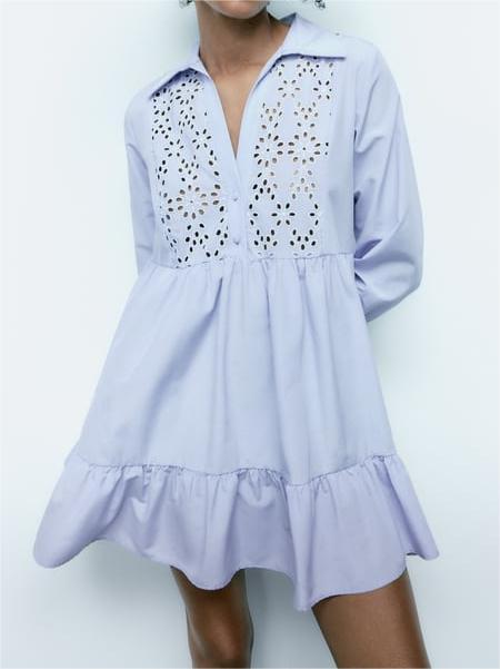 Color-Spring Summer Simplicity Blue Shirt Collared Ruffled Layered Loose Dress Women-Fancey Boutique