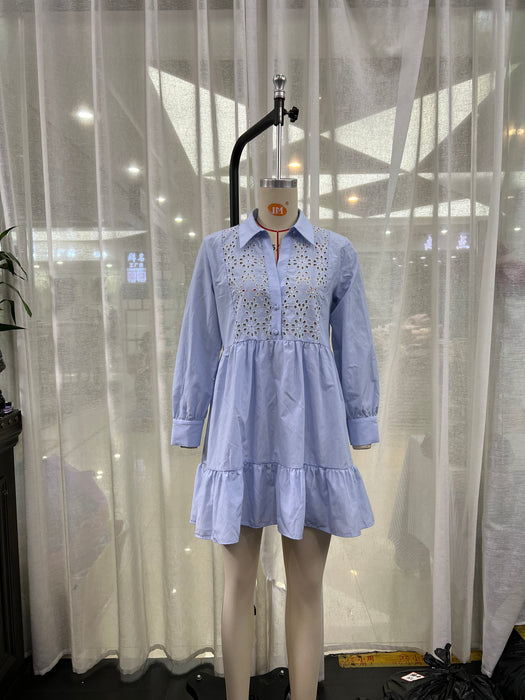 Color-Spring Summer Simplicity Blue Shirt Collared Ruffled Layered Loose Dress Women-Fancey Boutique