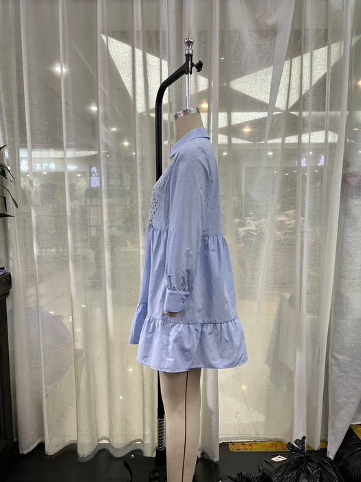 Color-Spring Summer Simplicity Blue Shirt Collared Ruffled Layered Loose Dress Women-Fancey Boutique