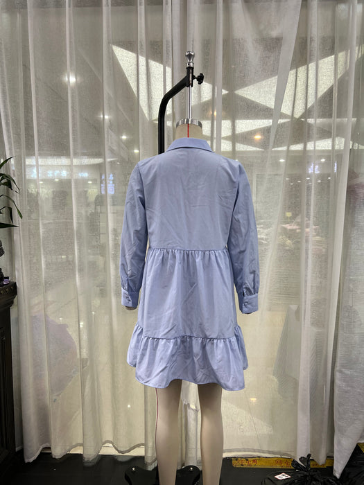 Color-Spring Summer Simplicity Blue Shirt Collared Ruffled Layered Loose Dress Women-Fancey Boutique