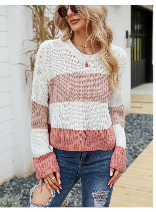 Color-Loose Wear Autumn Winter Casual Pullover Sweater Striped Color Contrast Short Sweater-Fancey Boutique