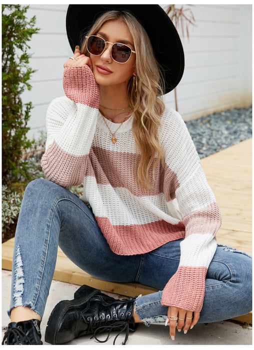 Color-Loose Wear Autumn Winter Casual Pullover Sweater Striped Color Contrast Short Sweater-Fancey Boutique