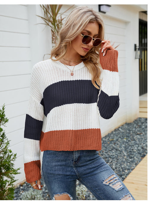 Color-Loose Wear Autumn Winter Casual Pullover Sweater Striped Color Contrast Short Sweater-Fancey Boutique