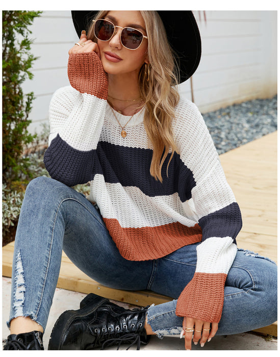 Color-Loose Wear Autumn Winter Casual Pullover Sweater Striped Color Contrast Short Sweater-Fancey Boutique