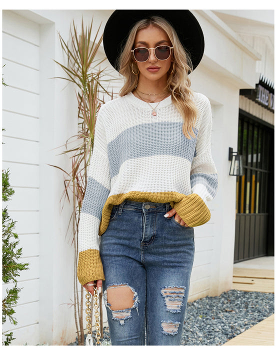 Color-Loose Wear Autumn Winter Casual Pullover Sweater Striped Color Contrast Short Sweater-Fancey Boutique