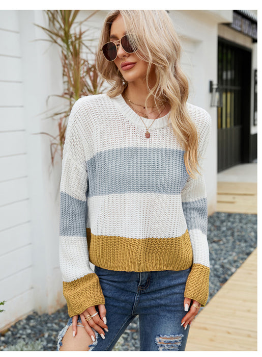 Color-Loose Wear Autumn Winter Casual Pullover Sweater Striped Color Contrast Short Sweater-Fancey Boutique