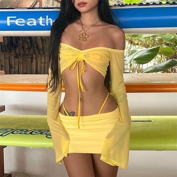 Color-Yellow-Summer Women Clothing Solid Color Slim Fit Off Shoulder Long Sleeve Skirt Set for Women-Fancey Boutique