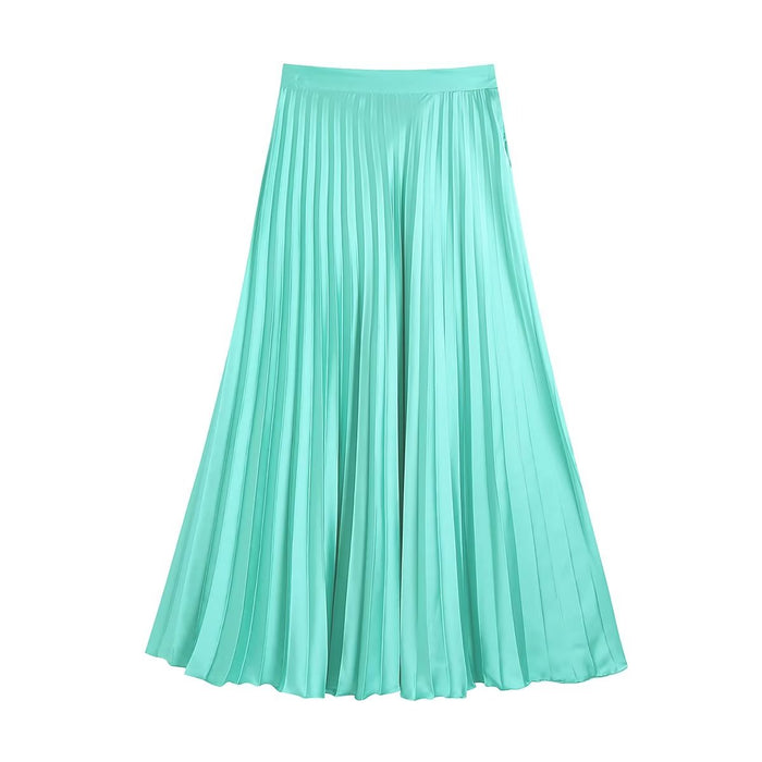 Color-Summer Silk Satin Texture Double Breasted Shirt High Waist Half Pleated Skirt Set Women-Fancey Boutique