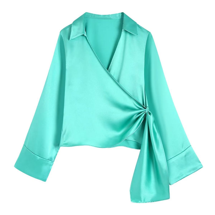 Color-Summer Silk Satin Texture Double Breasted Shirt High Waist Half Pleated Skirt Set Women-Fancey Boutique