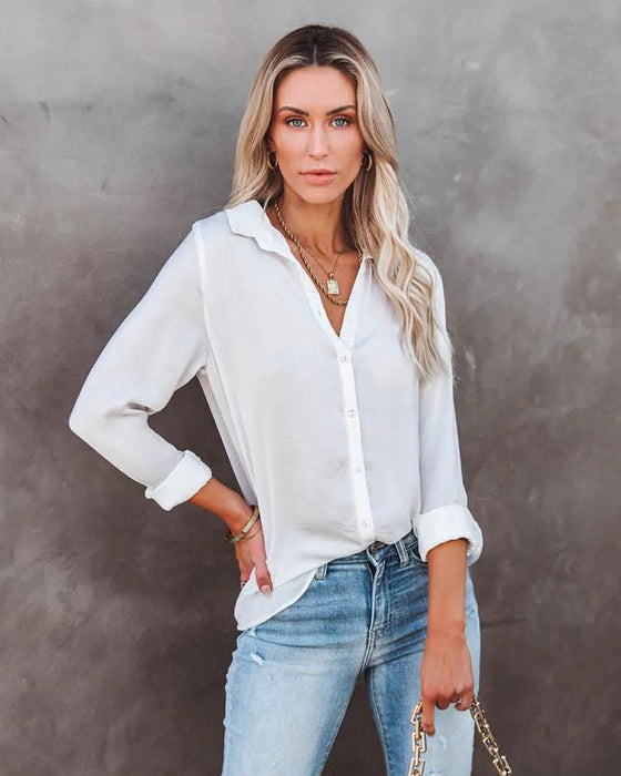 Color-Women Clothing Autumn Winter Casual Loose Long Sleeve Buckle V neck Shirt Top-Fancey Boutique