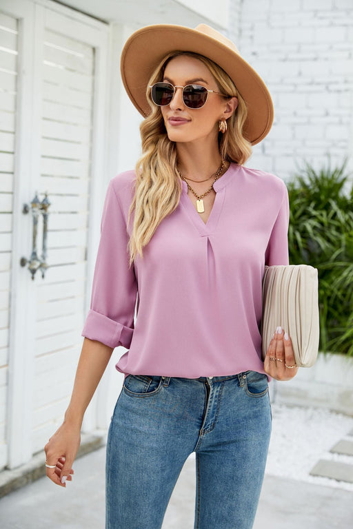 Color-Women Clothing Autumn Winter Solid Color Chiffon Shirt Loose V neck Pullover Long Sleeve Top Shirt-Fancey Boutique