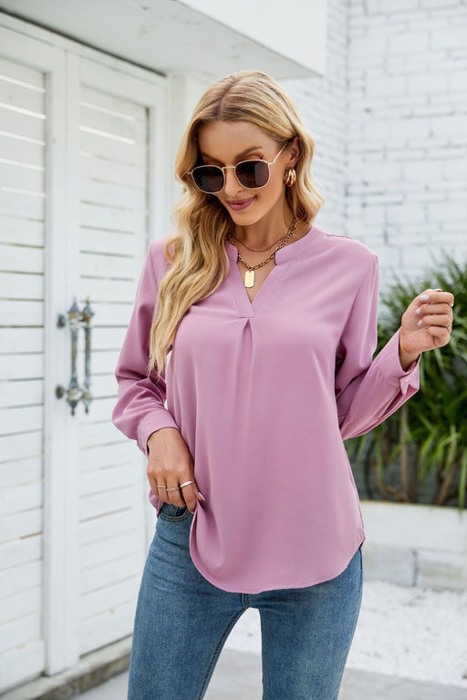 Color-Women Clothing Autumn Winter Solid Color Chiffon Shirt Loose V neck Pullover Long Sleeve Top Shirt-Fancey Boutique