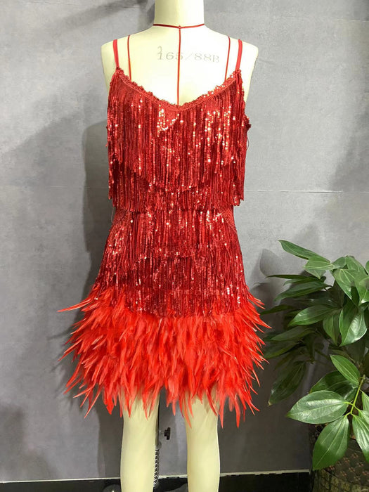 Color-Red-Tassel Sequ Feather Stitching Dress-Fancey Boutique