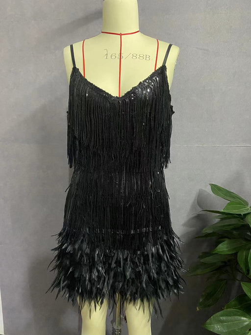 Color-Black-Tassel Sequ Feather Stitching Dress-Fancey Boutique