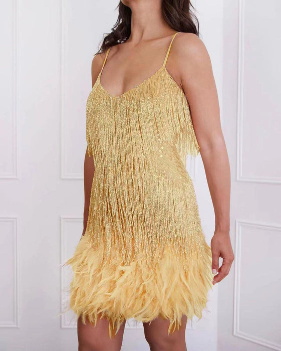 Color-Gold-Tassel Sequ Feather Stitching Dress-Fancey Boutique