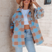 Color-Autumn Winter Women Coat Loose Blue Chic Thickened Sanded Fabric Plaid Side Slit Coat-Fancey Boutique