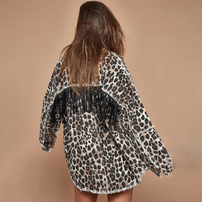 Color-Popular Leopard Print Denim Jacket Fall Winter Trend Washed Distressed Tassel Denim Jacket-Fancey Boutique