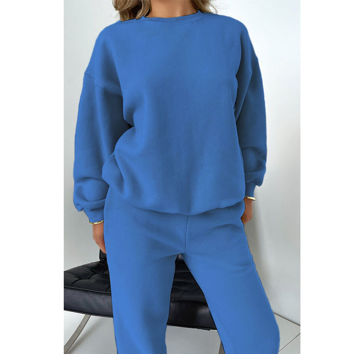 Color-Autumn Winter Women Clothing Solid Color round Neck Pullover Long Sleeve Cotton Sweater Casual Trousers Suit-Fancey Boutique