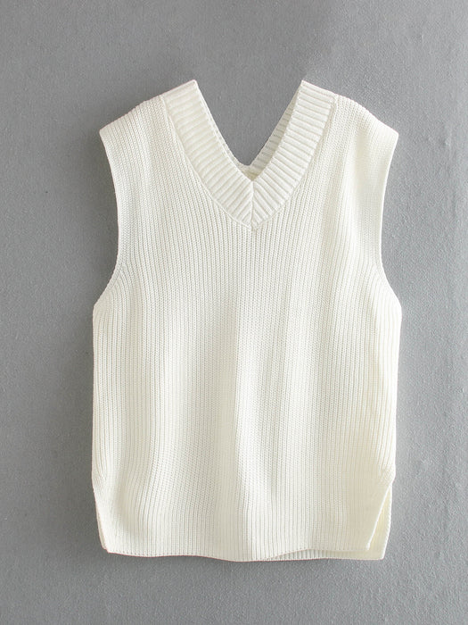 Color-Autumn Winter White Loose Split V neck Sleeveless Knit Vest Vest Women Mid Length Sweater-Fancey Boutique