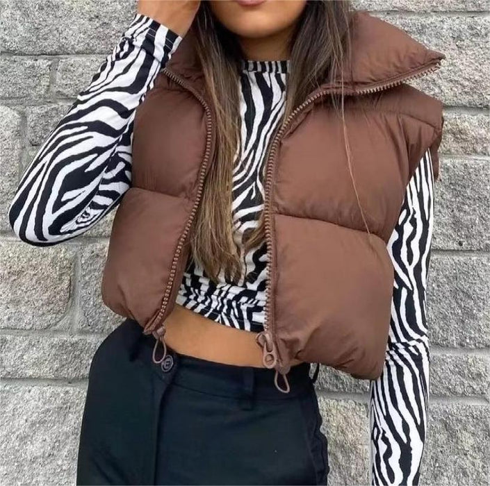 Color-Sleeveless Zipped Stand Collar Cotton Vest Autumn Winter Multi Color Slim Fit Cotton Padded Jacket Vest Top-Fancey Boutique