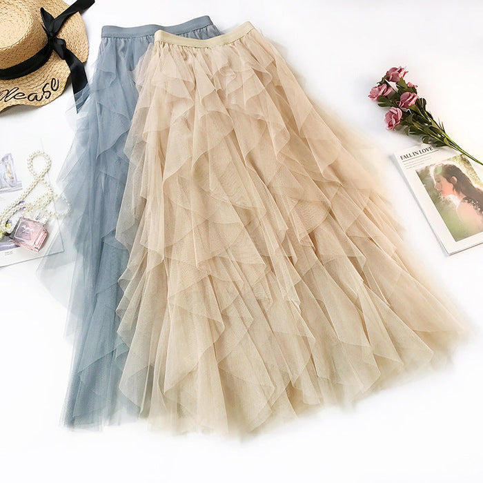 Color-Apricot-Heavy Craft Wave Irregular Asymmetric Layering tiered Mesh Bubble Skirt High Waist Fairy Skirt-Fancey Boutique