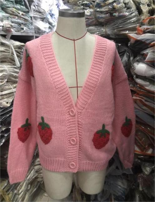 Color-Pink-Autumn Two-Color Cute Strawberry Sweater Cardigan V neck Single Breasted Coat-Fancey Boutique