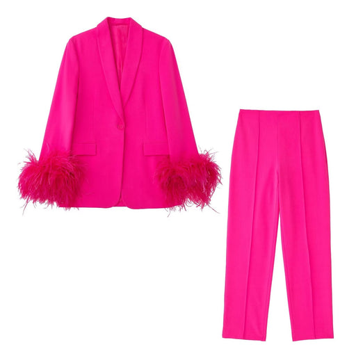 Color-Fall Women Clothing Wild Feather Decoration Straight Blazer Set Set Trousers Set-Fancey Boutique
