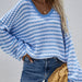 Color-Autumn Winter Pullover Stripe Women Knitwear V neck Women Clothing Plus Size Sweater Women-Fancey Boutique