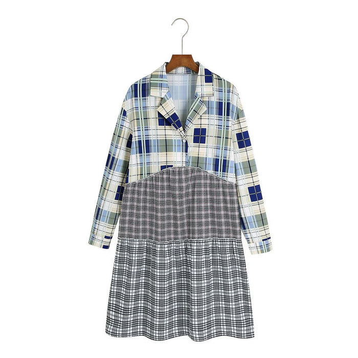 Color-Autumn Women Clothing Long Sleeve Collared Printed Checks Dress-Fancey Boutique