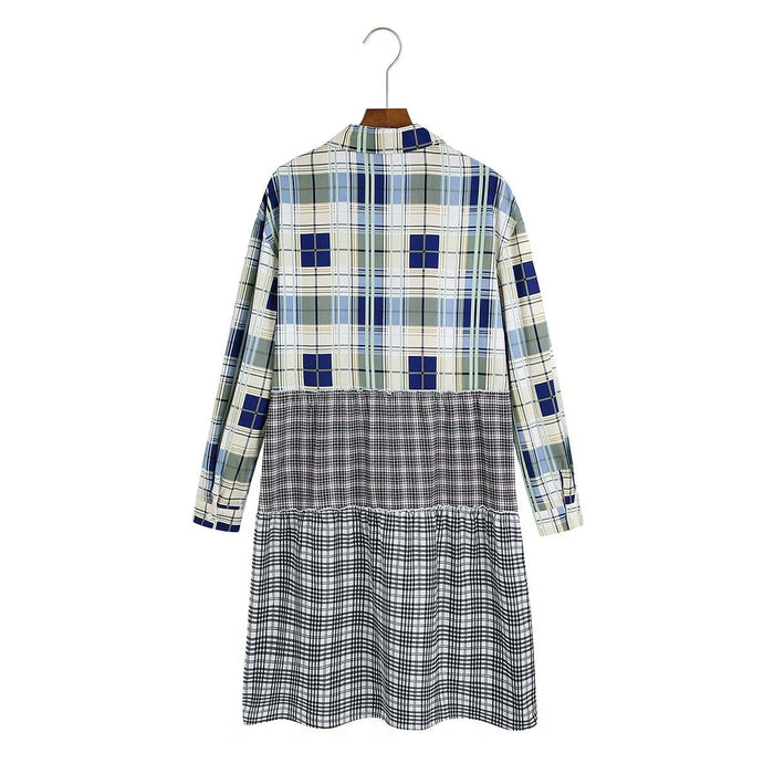 Color-Autumn Women Clothing Long Sleeve Collared Printed Checks Dress-Fancey Boutique