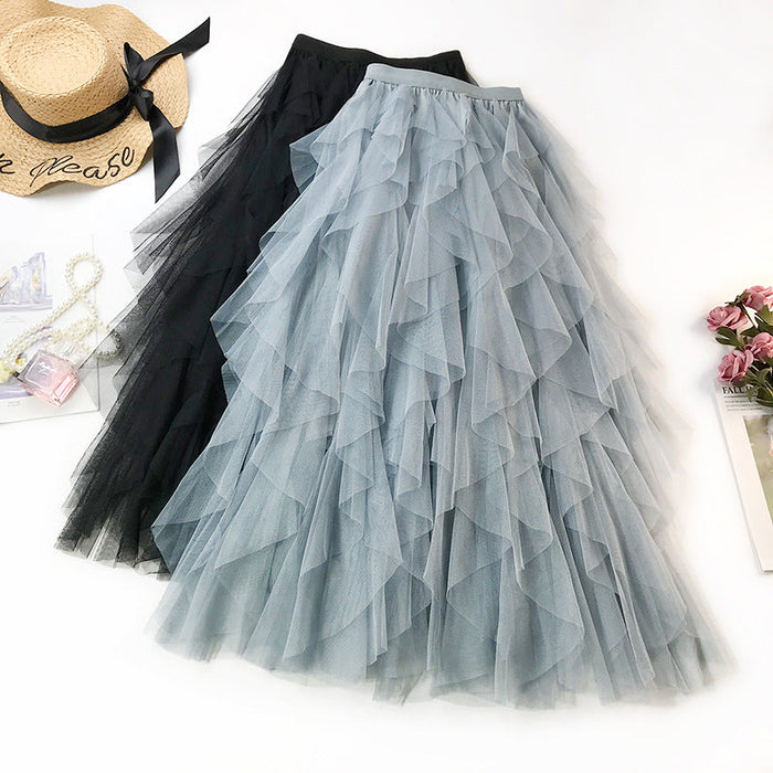 Color-The blue-gray-Heavy Craft Wave Irregular Asymmetric Layering tiered Mesh Bubble Skirt High Waist Fairy Skirt-Fancey Boutique