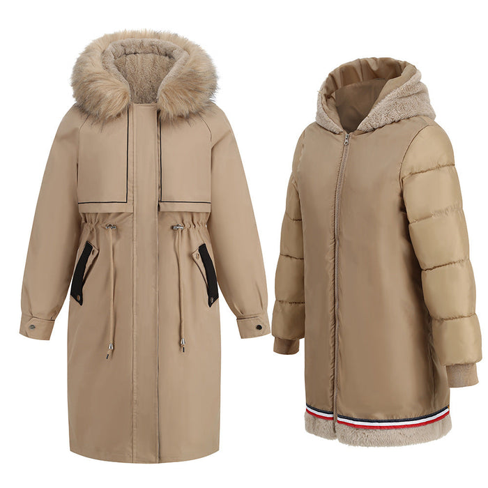 Color-Brown-Parka Cotton Padded Coat Winter Mid Length Thermal Zipper Coat Fur Collar Clip Velvet Coat Two Piece Set-Fancey Boutique