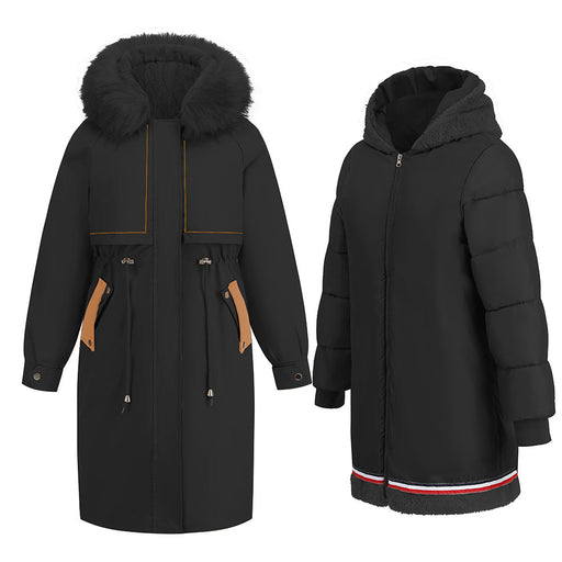 Color-Black-Parka Cotton Padded Coat Winter Mid Length Thermal Zipper Coat Fur Collar Clip Velvet Coat Two Piece Set-Fancey Boutique