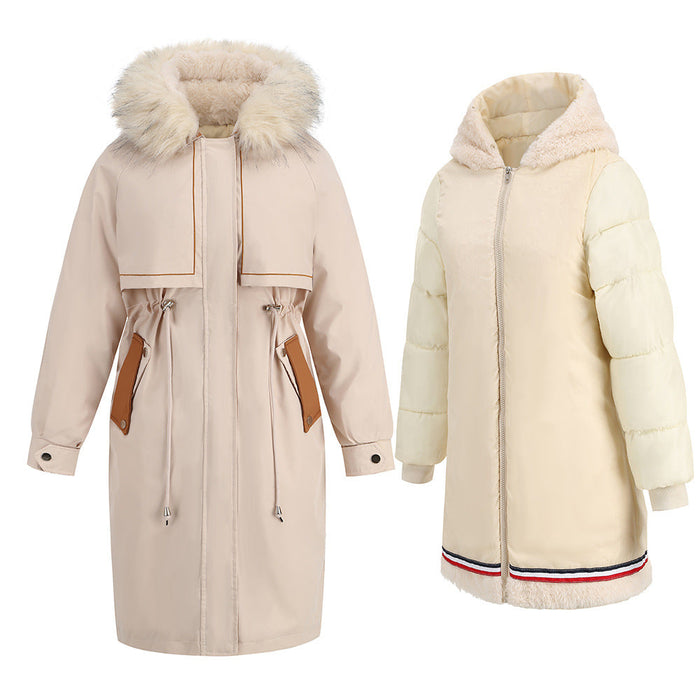 Color-Apricot-Parka Cotton Padded Coat Winter Mid Length Thermal Zipper Coat Fur Collar Clip Velvet Coat Two Piece Set-Fancey Boutique