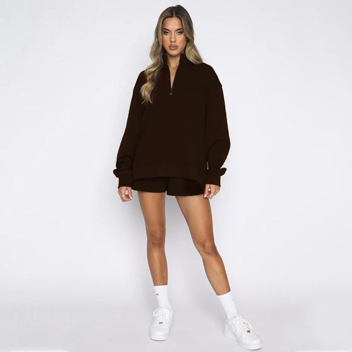 Color-Autumn Winter Solid Color Stand Collar Zipper Pullover Long Sleeve Sweater Women Shorts Set-Fancey Boutique