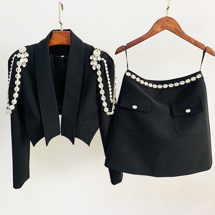 Color-Black-Goods Socialite Heavy Industry Diamond Chain Rhinestone Short Blazer With Skirt Set Two Piece Blazer Suit Set-Fancey Boutique