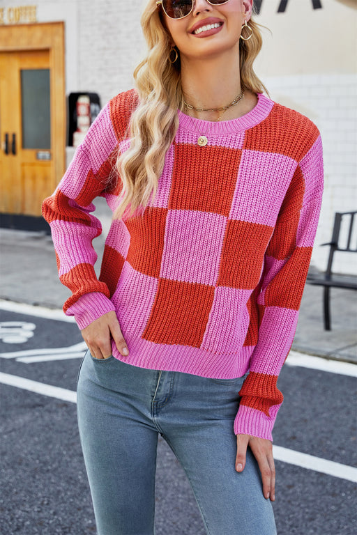 Color-Autumn Winter Chessboard Plaid Sweater Sweater Short Knitwear Stitching Plaid Sweater-Fancey Boutique
