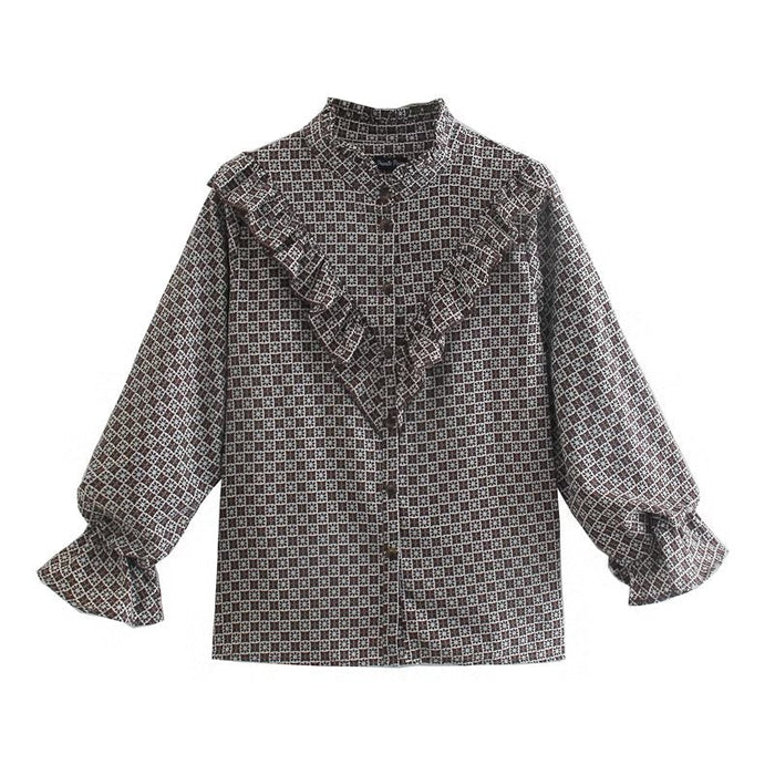 Color-Autumn Ruffled Printed Shirt round Neck Retro Casual Comfortable Top-Fancey Boutique