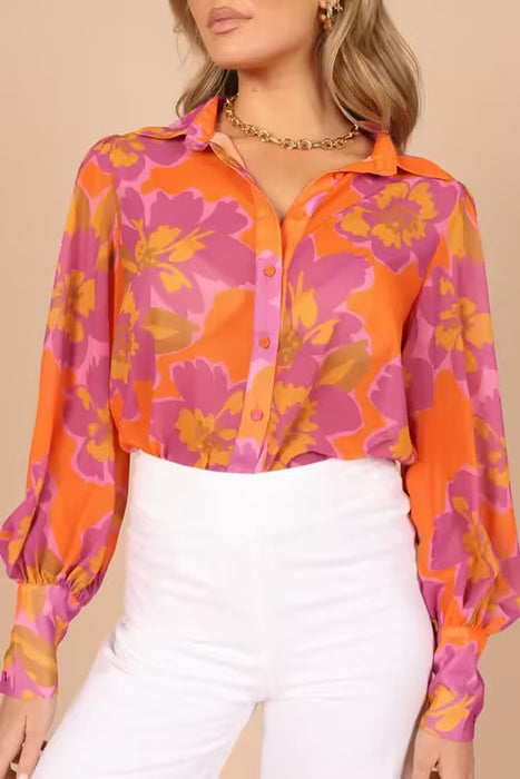 Color-Autumn Winter Women Clothing Floral Printing Collared Single Breasted Shirt-Fancey Boutique