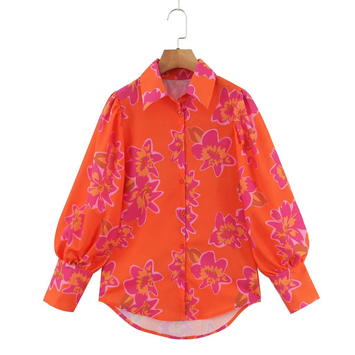 Color-Autumn Winter Women Clothing Floral Printing Collared Single Breasted Shirt-Fancey Boutique