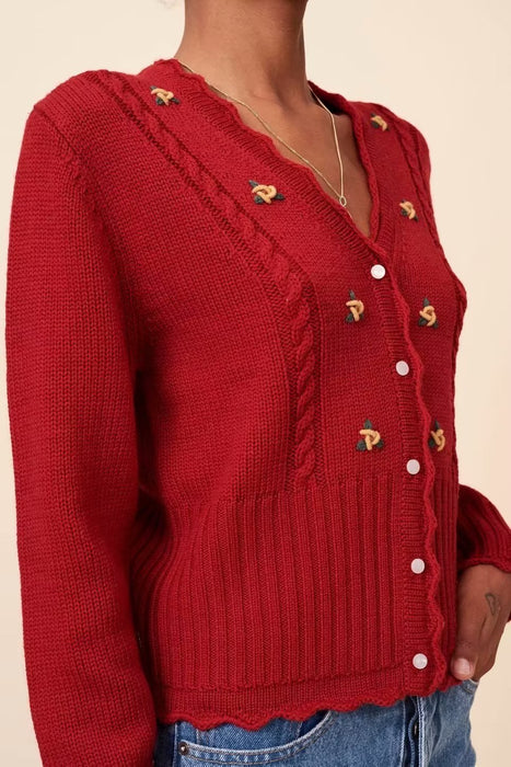 Color-Red-Autumn Cardigan Office Floral Embellished Knitted Long Sleeve V neck Single Breasted Sweater-Fancey Boutique