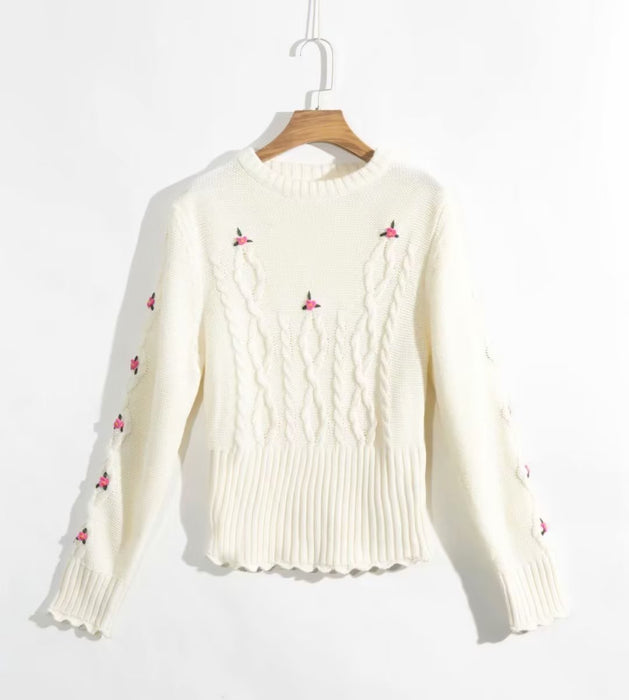 Color-White-Autumn Winter Fashionable Hand Crocheted Floral Crew Neck Pullover Sweater-Fancey Boutique