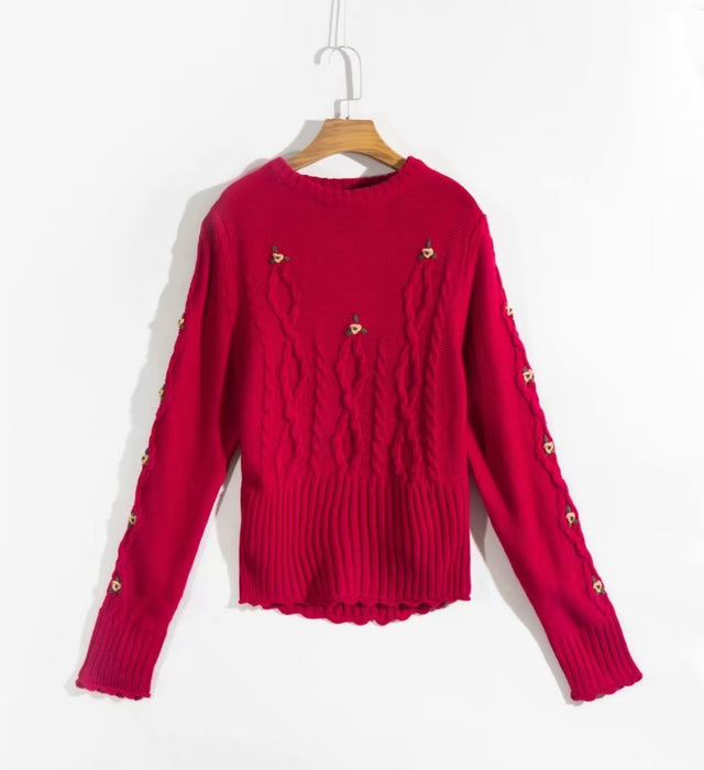Color-Red-Autumn Winter Fashionable Hand Crocheted Floral Crew Neck Pullover Sweater-Fancey Boutique