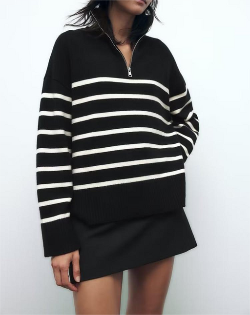 Color-Winter Bloggers Same Contrast Color Striped Zipper Collared Knitwear Sweater-Fancey Boutique