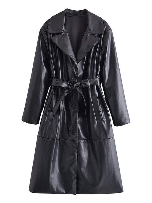 Color-Autumn Women Clothing Street Casual Long Leather Wind Coat Women-Fancey Boutique