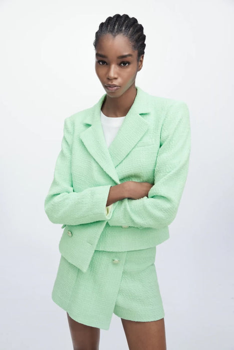 Color-Women Clothes Texture Short Blazer High Waist Shorts Suit-Fancey Boutique