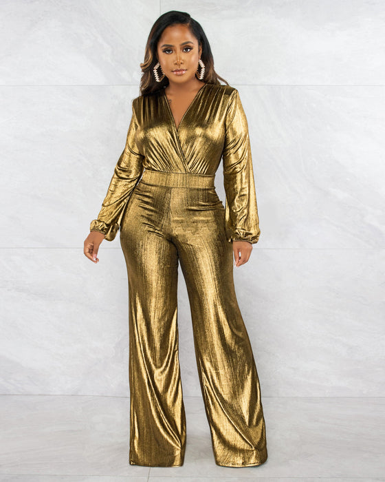 Color-Autumn Winter V neck Sexy Slim Fit Nightclub Long Sleeve Wide Leg Jumpsuit-Fancey Boutique